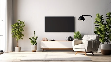 Smart TV on the white wall in the living room with an armchair and a sofa, minimal design.の素材