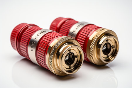 Fire Hose Nozzles on white background. A high quality image created with generative Ai.の素材