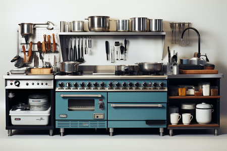 Used Commercial Kitchen Equipments. A high quality image making by generative ai.の素材