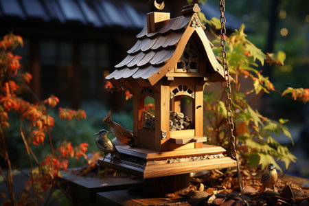 Wood Bird Feeder. A high quality image making by generative ai.の素材