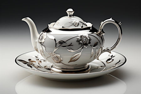 Silver Plated Tea Set on Black background. A high quality image making by generative ai.の素材