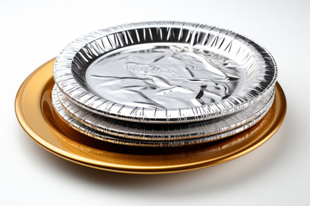 Silver Foil Paper Plates on white background. A high quality image making by generative ai.の素材