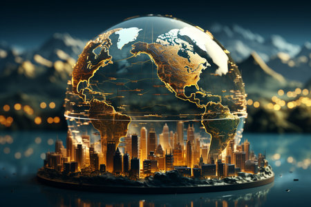 An abstract globe illustration focusing on North America. A high quality image making by generative ai.の素材