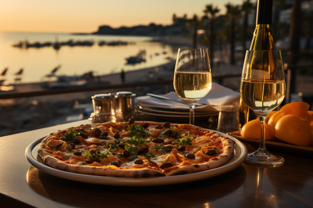 Italian pizza and glasses of white wine at a luxury. A high quality image making by generative ai.の素材