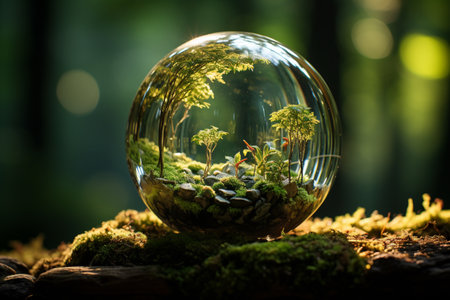 Explore a globe resting on moss in the forest, symbolizing an environmental Earth Day concept. A high quality image making by generative ai.の素材