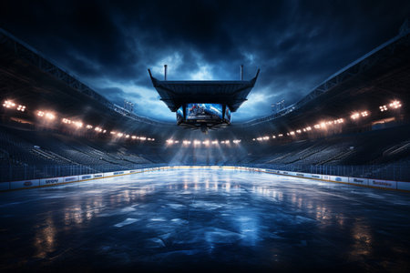 The hockey stadium is an empty sports arena with an ice rink, and it has a cold background with bright lighting. A high quality image making by generative ai.の素材