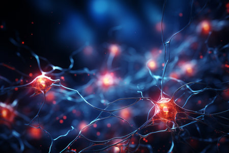Neuron cells are depicted in a close-up conceptual illustration. A high quality image making by generative ai.の素材