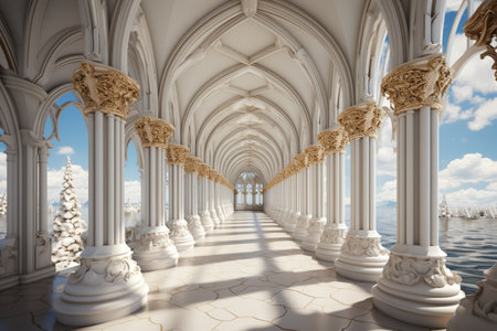 White corridor pillars provide a stunning background rendering. A high quality image making by generative ai.の素材