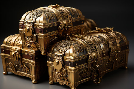Wooden chests with pirate treasures and gold were set against a white background. A high quality image making by generative ai.の素材