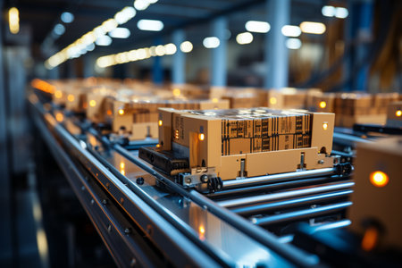 Witness a conveyor belt carrying boxes in a factory in this image. A high quality image making by generative ai.の素材