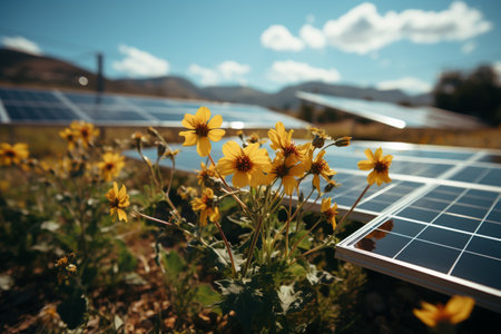 Wild flowers blossomed in front of solar panels on a field. A high quality image making by generative ai.の素材
