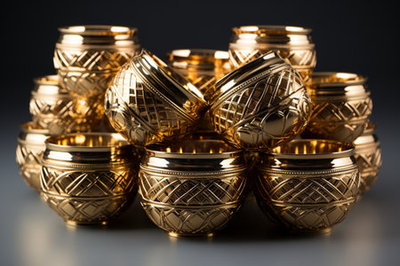 Brass Baskets on Black background. A high quality image making by generative ai.の素材