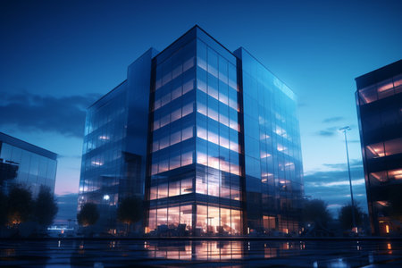 A blue-toned glass building showcased a modern office structure. A high quality image making by generative ai.の素材