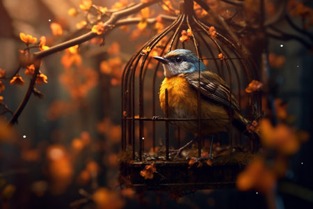 A bird in a cage. A high quality image making by generative ai.の素材