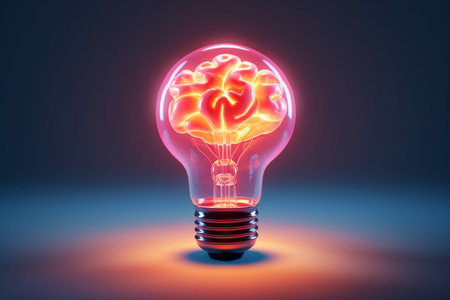 A brain-shaped lightbulb symbolizes brainstorming. A high quality image making by generative ai.の素材
