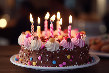 A close-up on a delicious birthday cake. A high quality image making by generative ai.の素材