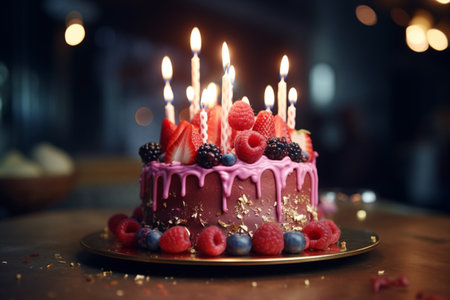 A close-up on a delicious birthday cake. A high quality image making by generative ai.の素材