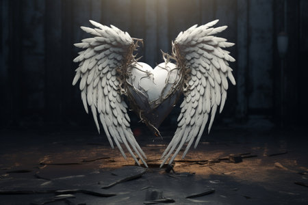A broken heart adorned with angel wings. A high quality image making by generative ai.の素材