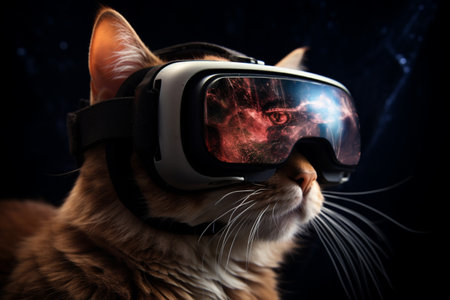 A cat wearing a VR headset is featured. A high quality image making by generative ai.の素材