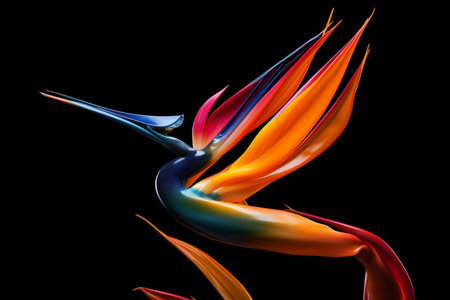 A colorful abstract bird a black backdrop. A high quality image making by generative ai.の素材