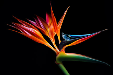 A colorful abstract bird a black backdrop. A high quality image making by generative ai.の素材