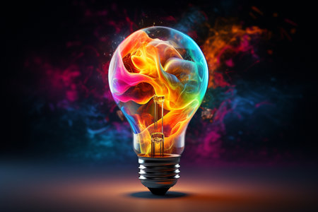 A creative design concept utilized a light bulb with splashes of color. A high quality image making by generative ai.の素材