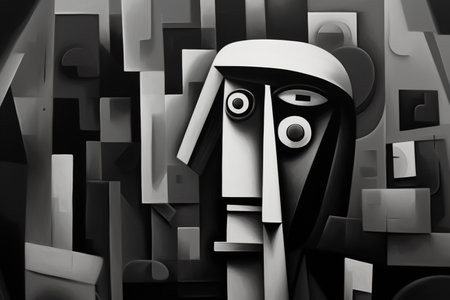 A cubism-style black and white painting. A high quality image making by generative ai.の素材