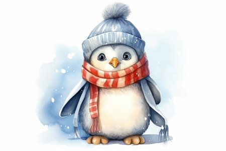 A cute penguin is dressed in winter clothing in a watercolor painting. A high quality image making by generative ai.の素材