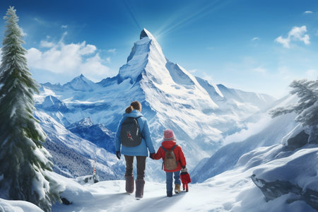 A family of three embarking on a snowy mountain trip. A high quality image making by generative ai.の素材