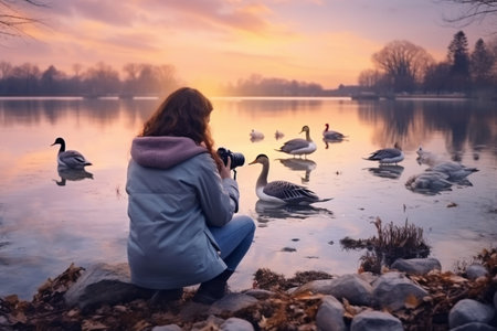 A girl capturing pictures of migratory birds by the lake. A high quality image making by generative ai.の素材