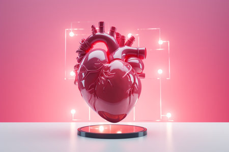 A detailed human heart model stands against a pink backdrop, emphasizing its significance. A high quality image making by generative ai.の素材
