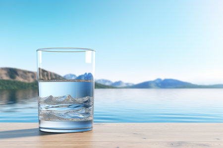 A glass filled with clear water stands against a background. A high quality image making by generative ai.の素材