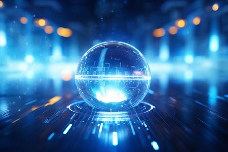 A glowing transparent sphere against an abstract futuristic digital technology background. A high quality image making by generative ai.の素材