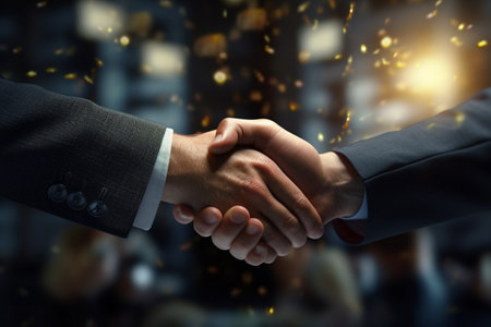A handshake sealed a deal with a new employee amidst piles of money. A high quality image making by generative ai.の素材