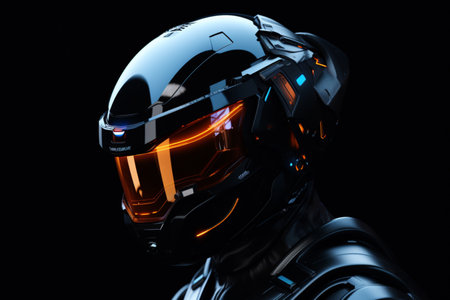 A luminous helmet stands out against a black background. A high quality image making by generative ai.の素材