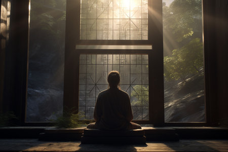 A human figure meditates against a window, embracing serenity. A high quality image making by generative ai.の素材