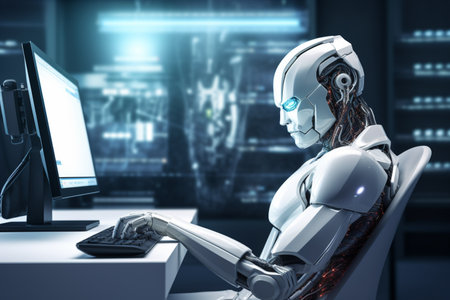 A robot sits in front of a computer, symbolizing modern technology. A high quality image making by generative ai.の素材