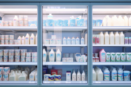 A refrigerated display case in the supermarket showcased milk, kefir, and various dairy products. A high quality image making by generative ai.の素材