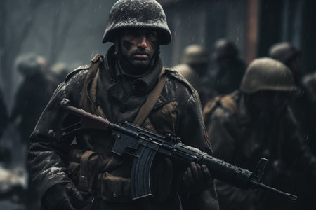 A soldier stands firm, holding a gun in a poignant portrayal. A high quality image making by generative ai.の素材
