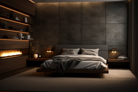 A modern minimalistic dark bedroom comes alive in stunning illustrations. A high quality image making by generative ai.の素材