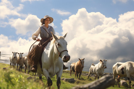 A woman farmer riding amidst a backdrop of grazing cows. A high quality image making by generative ai.の素材