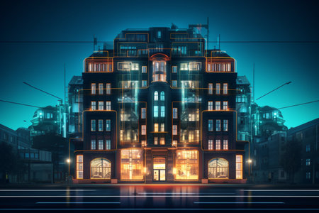 Graphic representation of a building in an artistic style. A high quality image making by generative ai.の素材