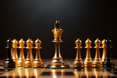 Golden and black chess pieces engaged on the board. A high quality image making by generative ai.の素材