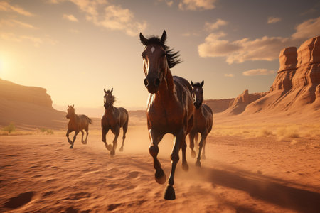 Horses running through a desert landscape. A high quality image making by generative ai.の素材