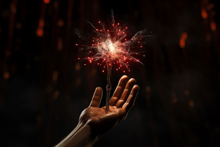 Hand holding a dazzling firework in the darkness. A high quality image making by generative ai.の素材