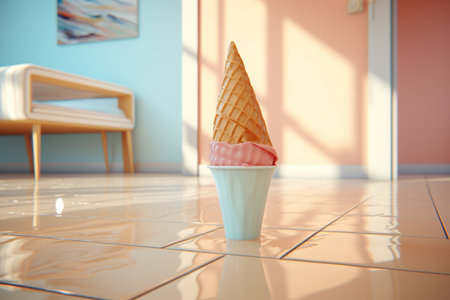Ice cream cone melts in a minimal interior design setting. A high quality image making by generative ai.の素材