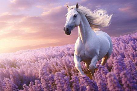 Horse galloping through a lavender field in a mesmerizing scene. A high quality image making by generative ai.の素材