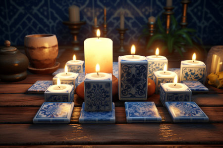 Home decor is depicted with ceramic tiles and candles. A high quality image making by generative ai.の素材