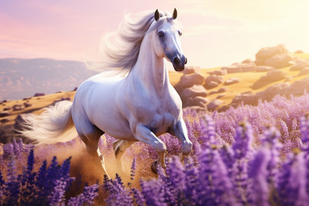 Horse galloping through a lavender field in a mesmerizing scene. A high quality image making by generative ai.の素材