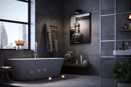 Health and hygiene are emphasized in a bathroom with dark gray tiles, a white bathtub, and posters above. A high quality image making by generative ai.の素材
